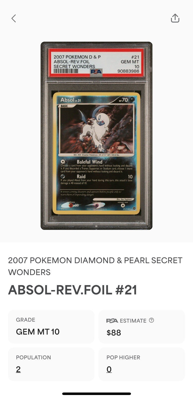 Pop 2 PSA 10 💎 - 2007 Diamond & Pearl Secret Wonders Absol Reverse Holo